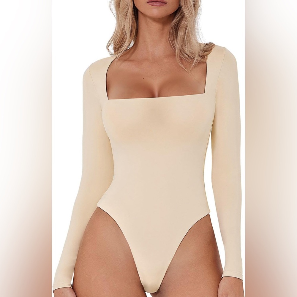 QINSEN Women's Square Neck Bodysuit Long Sleeve Double Lined Shirt Tops